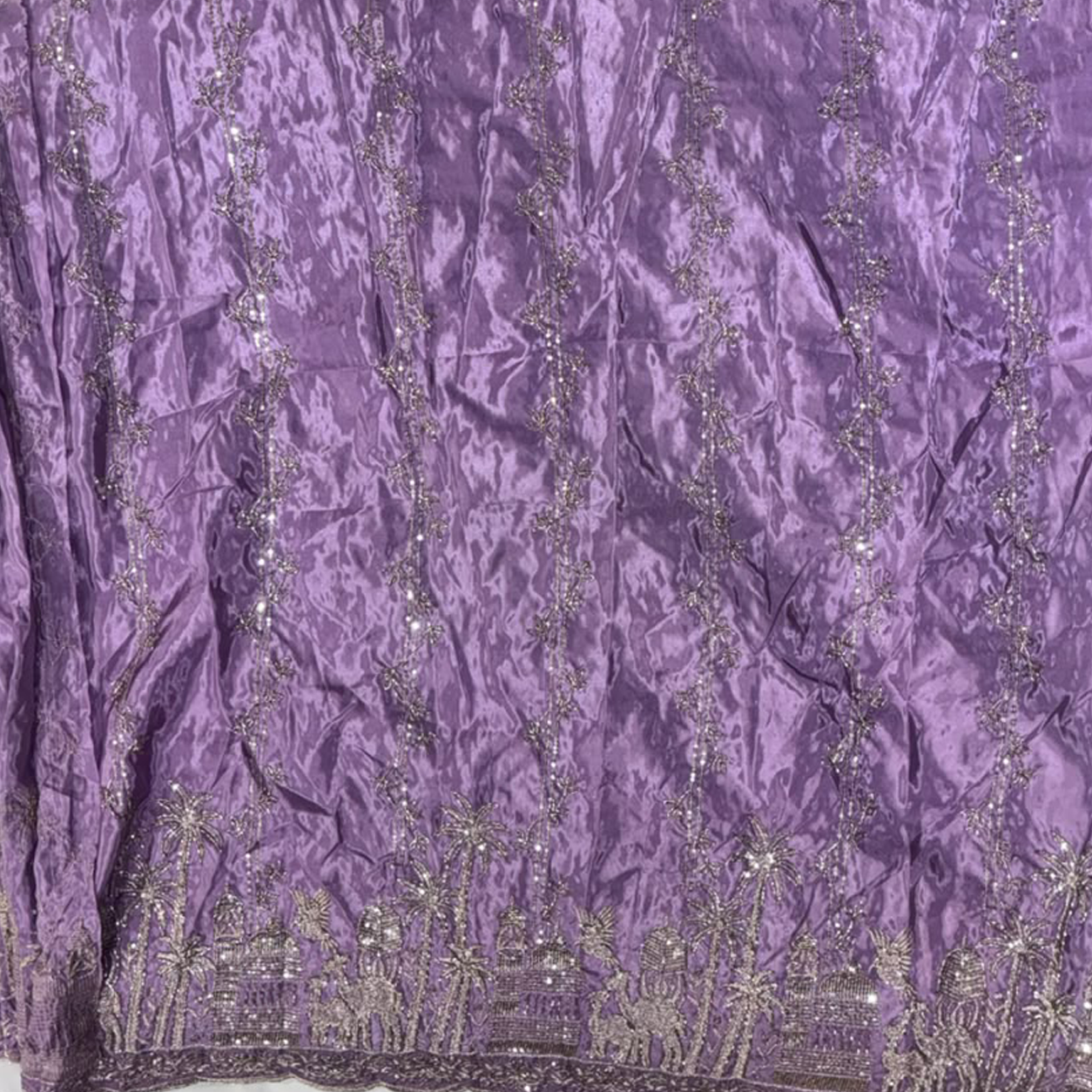 Premium Village & Palm Tree Border Embroidered Fabric with Floral Vine Sequin Work