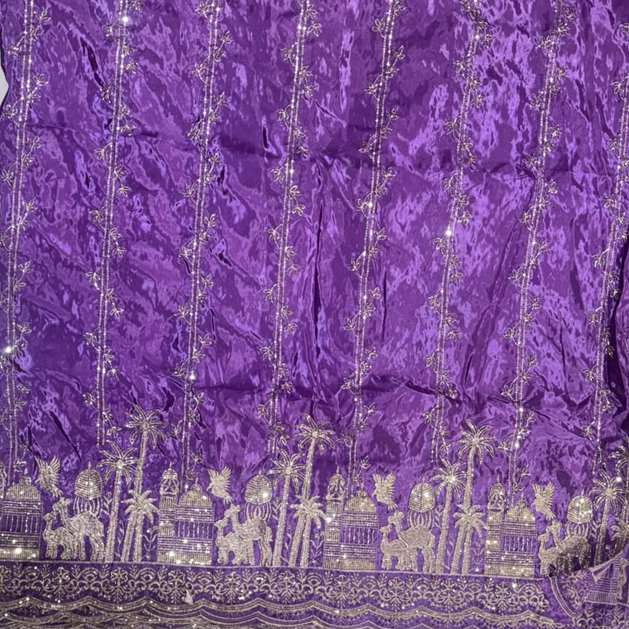 Premium Village & Palm Tree Border Embroidered Fabric with Floral Vine Sequin Work