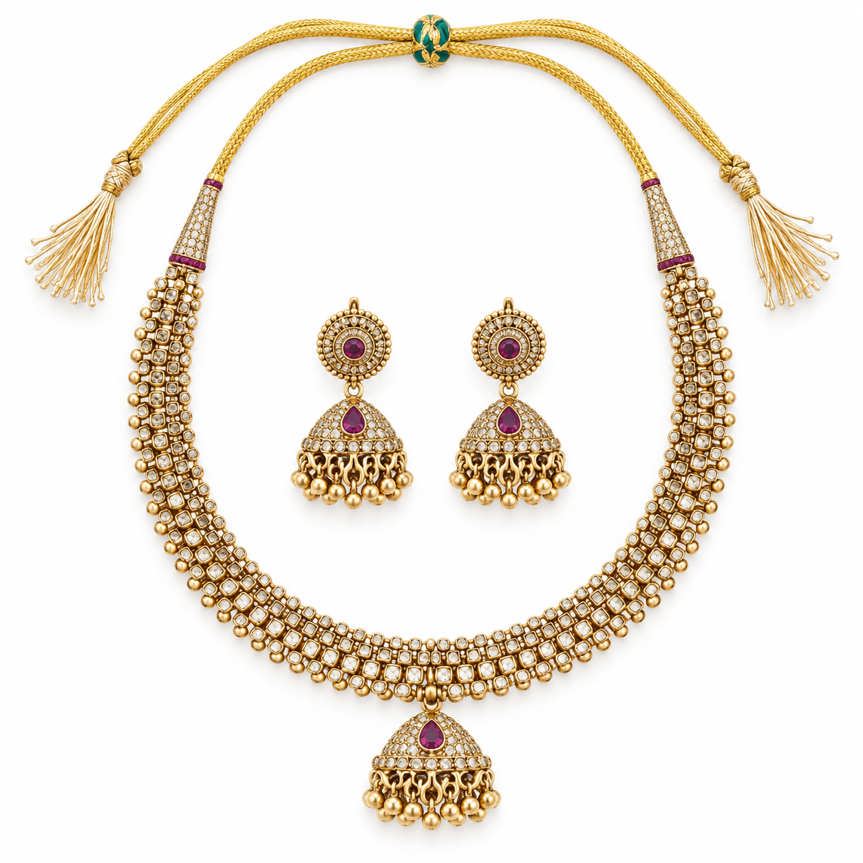 Antique Gold-Tone Layered Clear Stone Necklace Set with Pink Jhumka Earrings
