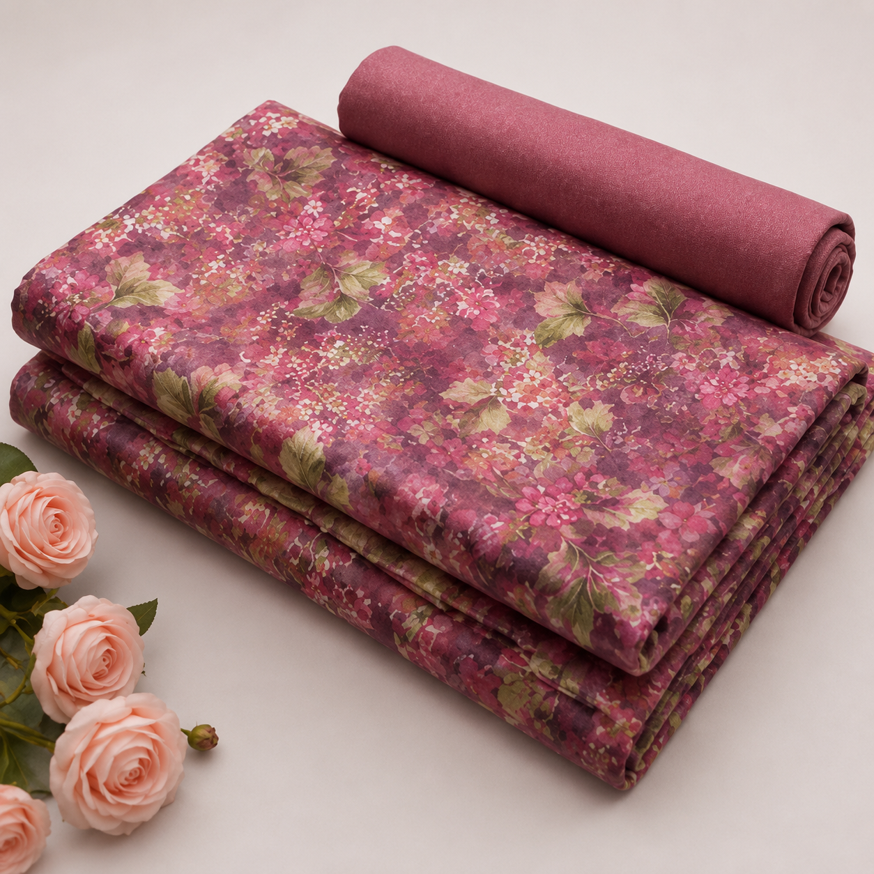 Beautiful Berry Pink Floral Printed Unstitched Dress Material Suit Set