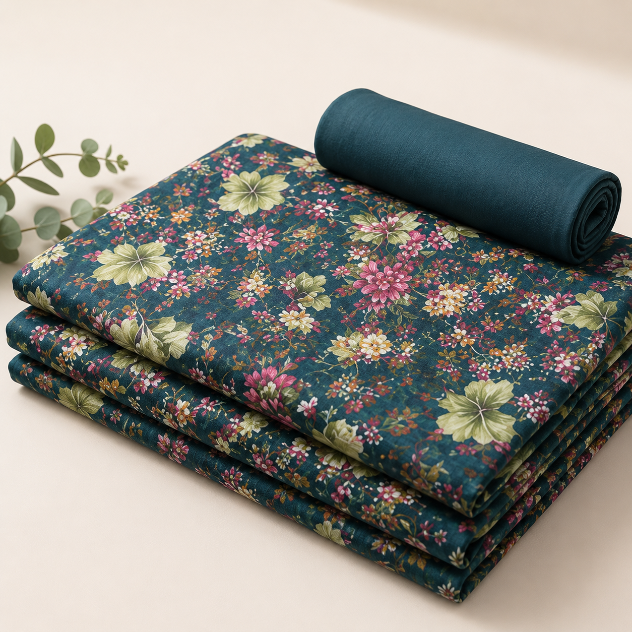 Elegant Dark Teal Floral Printed Unstitched Dress Material Suit Set