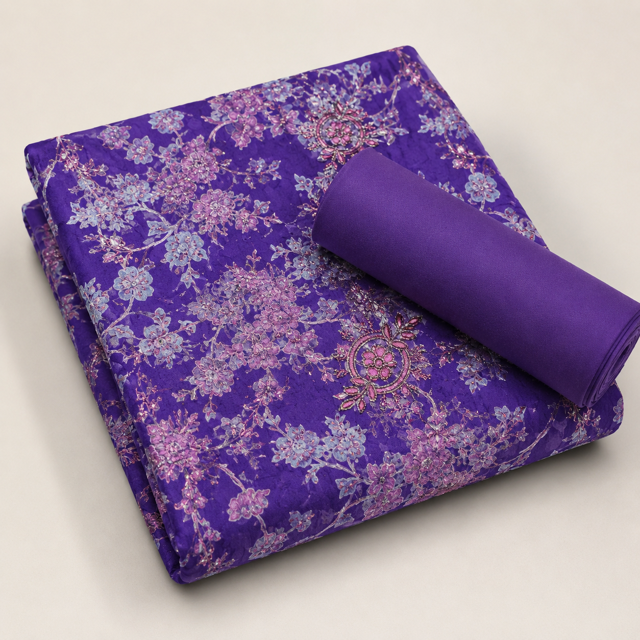Regal Royal Purple Floral Unstitched Dress Material Suit Set
