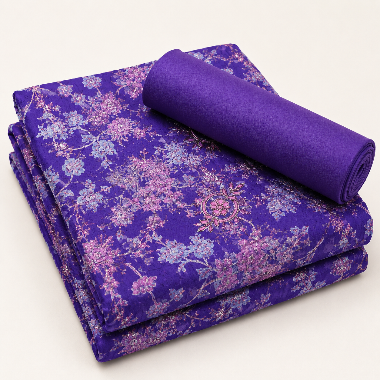 Regal Royal Purple Floral Unstitched Dress Material Suit Set