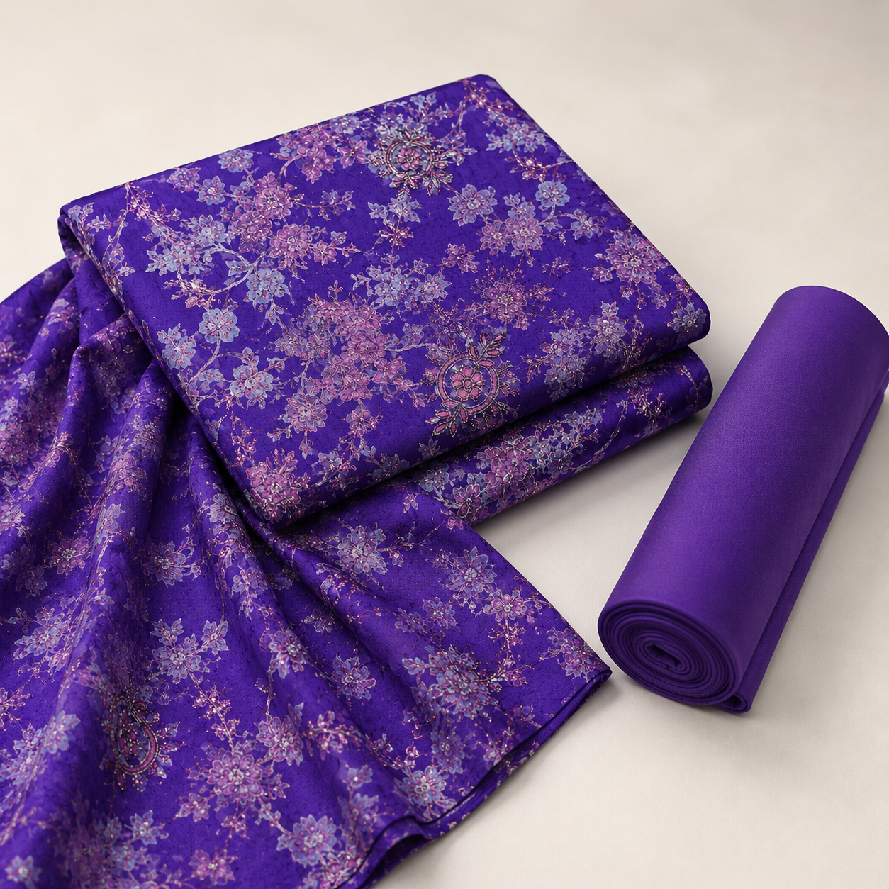 Regal Royal Purple Floral Unstitched Dress Material Suit Set