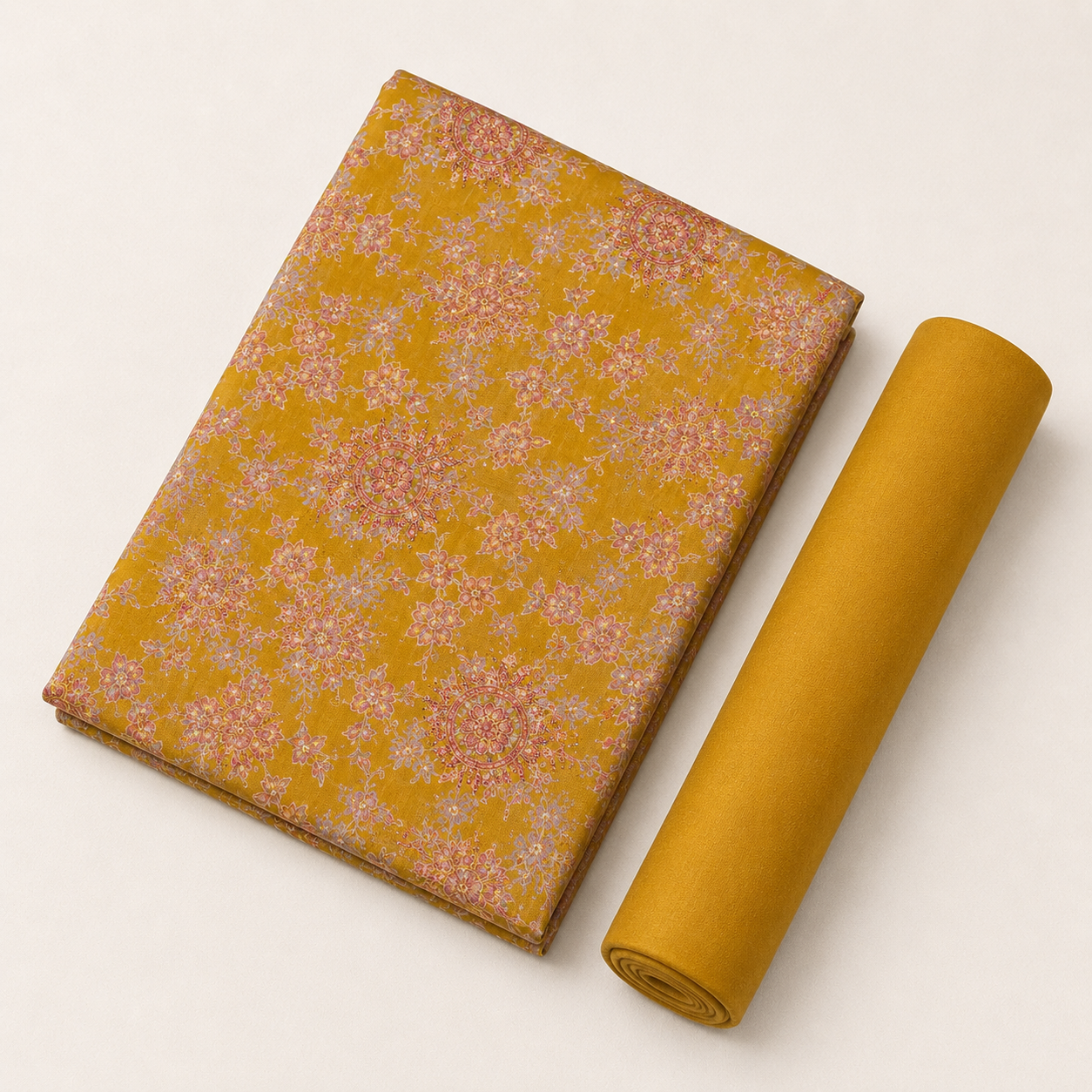 Radiant Mustard Yellow Floral Mandala Unstitched Dress Material Suit Set