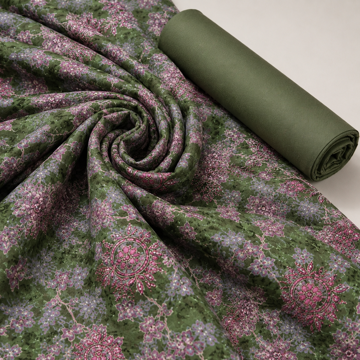 Elegant Olive Green and Magenta Mandala Floral Unstitched Dress Material Suit Set