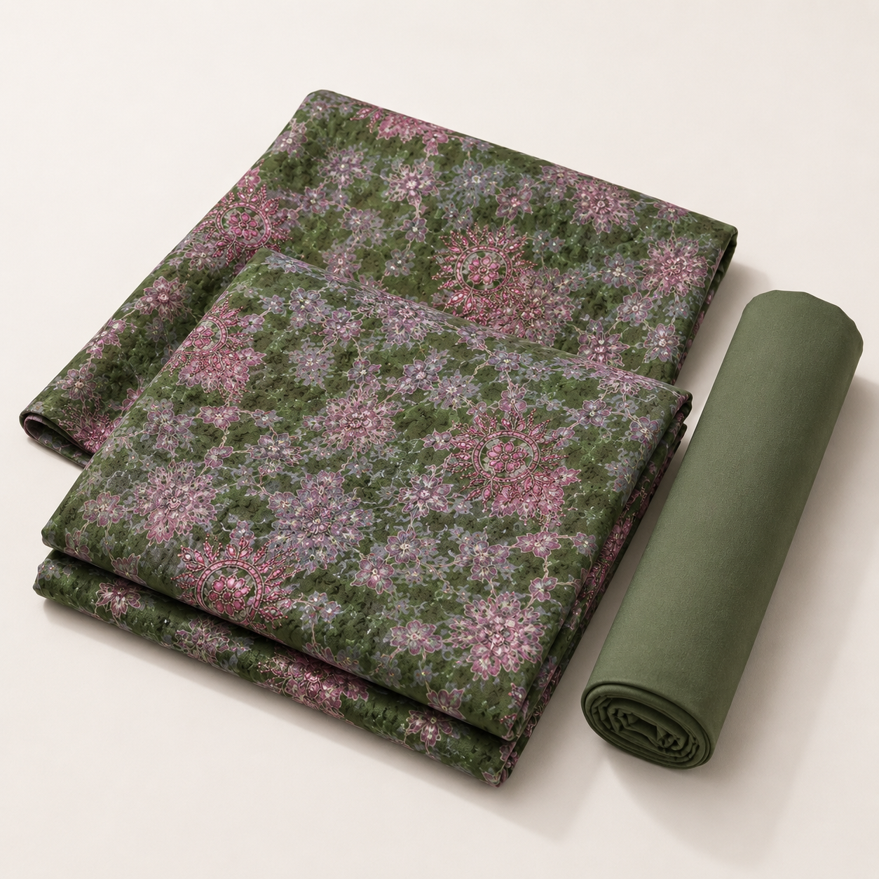 Elegant Olive Green and Magenta Mandala Floral Unstitched Dress Material Suit Set