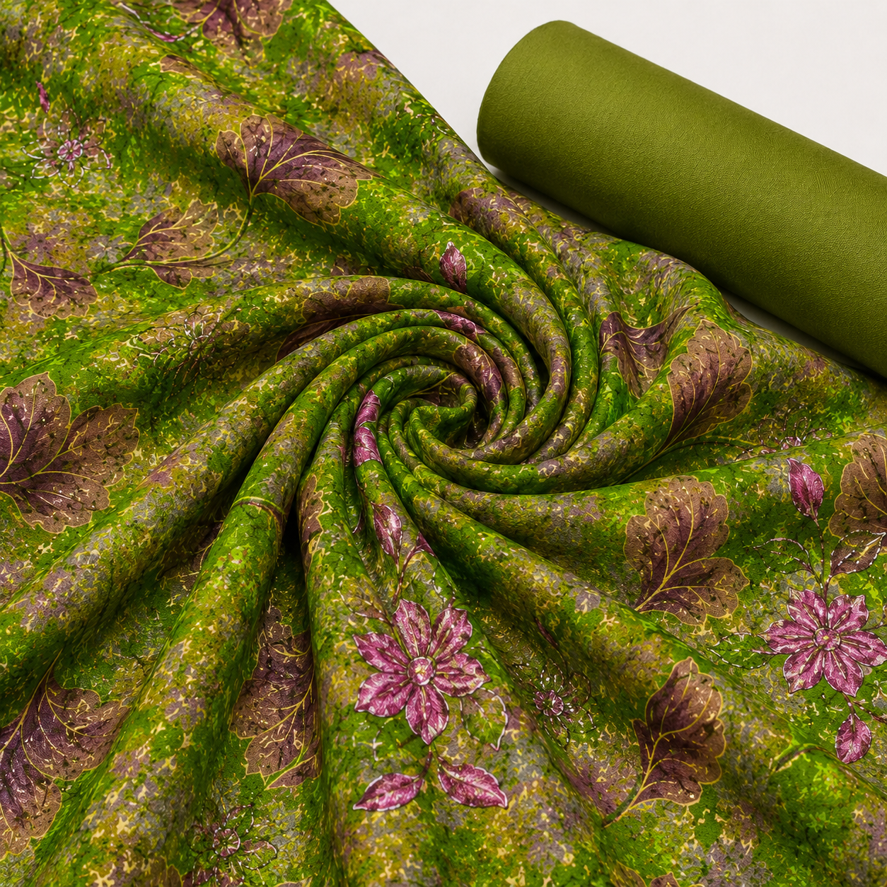 Vibrant Green and Mauve Floral Printed Unstitched Dress Material Suit Set