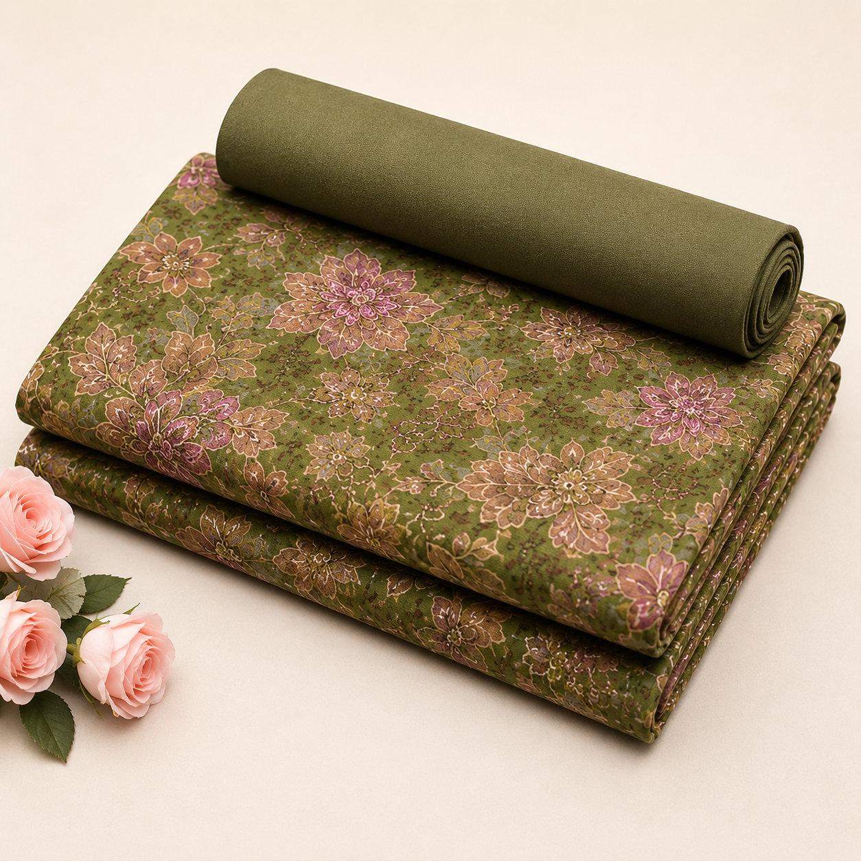Elegant Olive Green and Mauve Floral Printed Unstitched Dress Material Suit Set