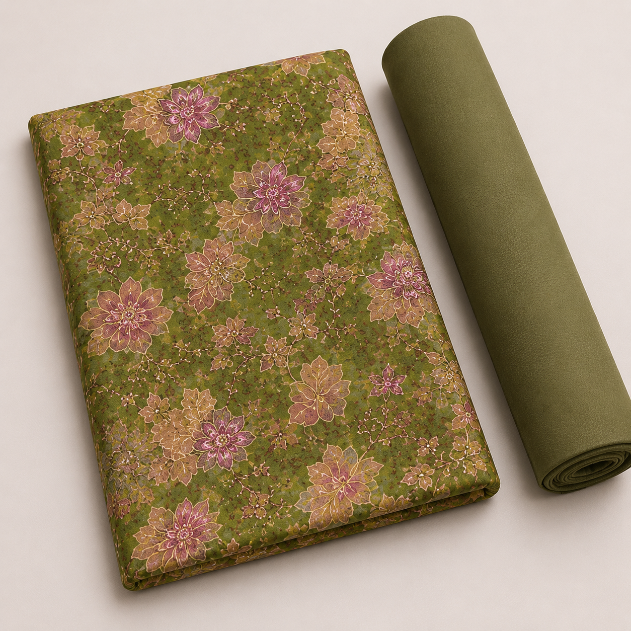 Elegant Olive Green and Mauve Floral Printed Unstitched Dress Material Suit Set
