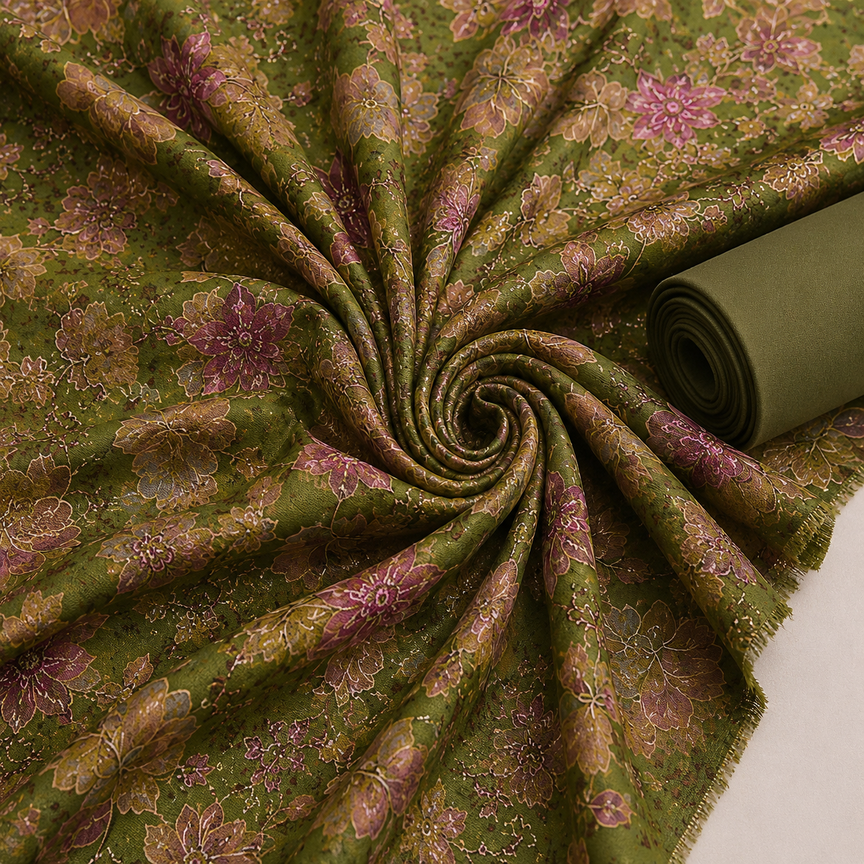 Elegant Olive Green and Mauve Floral Printed Unstitched Dress Material Suit Set