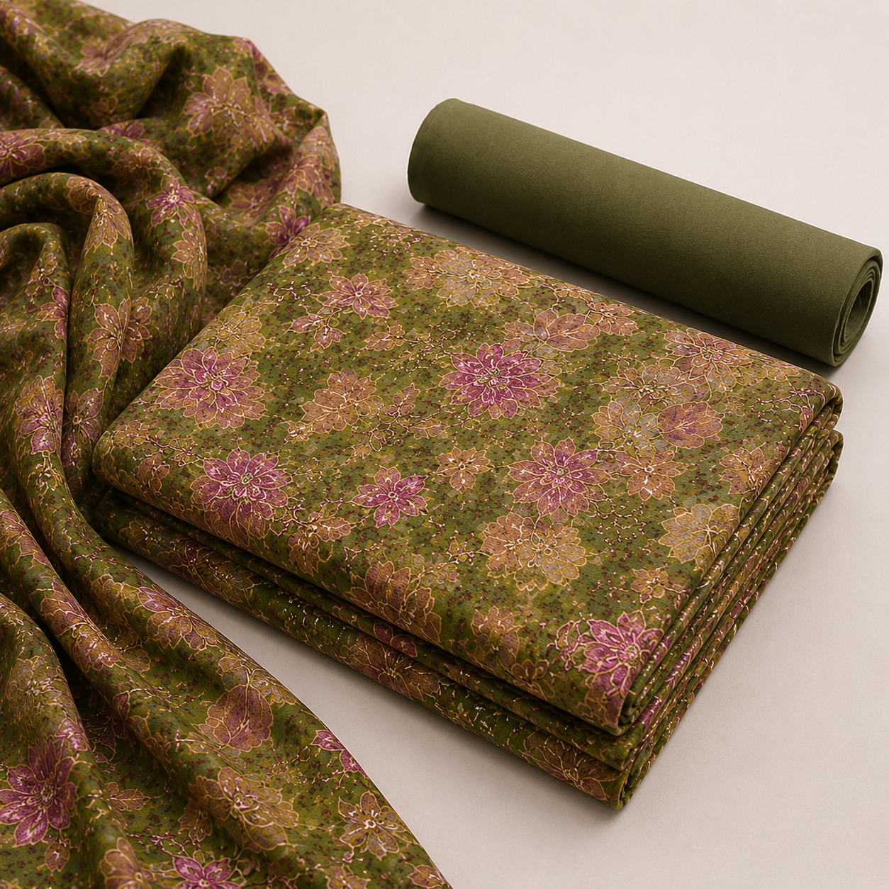 Elegant Olive Green and Mauve Floral Printed Unstitched Dress Material Suit Set