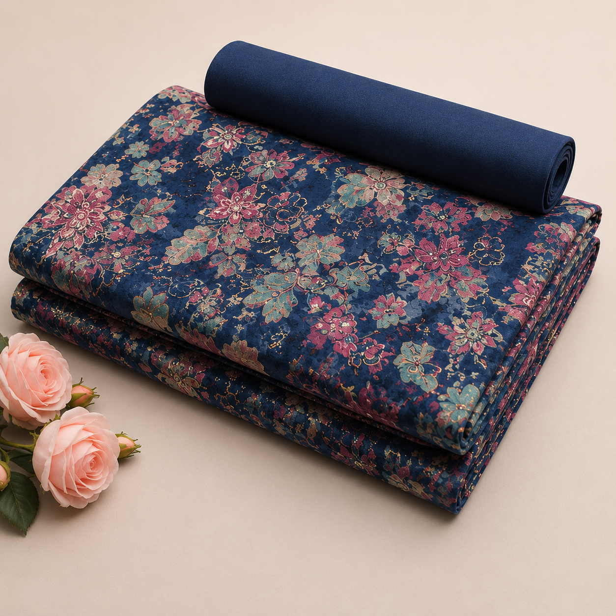 Elegant Navy Blue and Pink Floral Printed Unstitched Dress Material Suit Set
