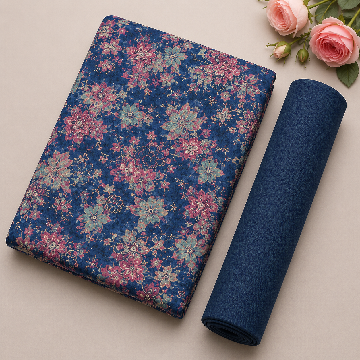 Elegant Navy Blue and Pink Floral Printed Unstitched Dress Material Suit Set