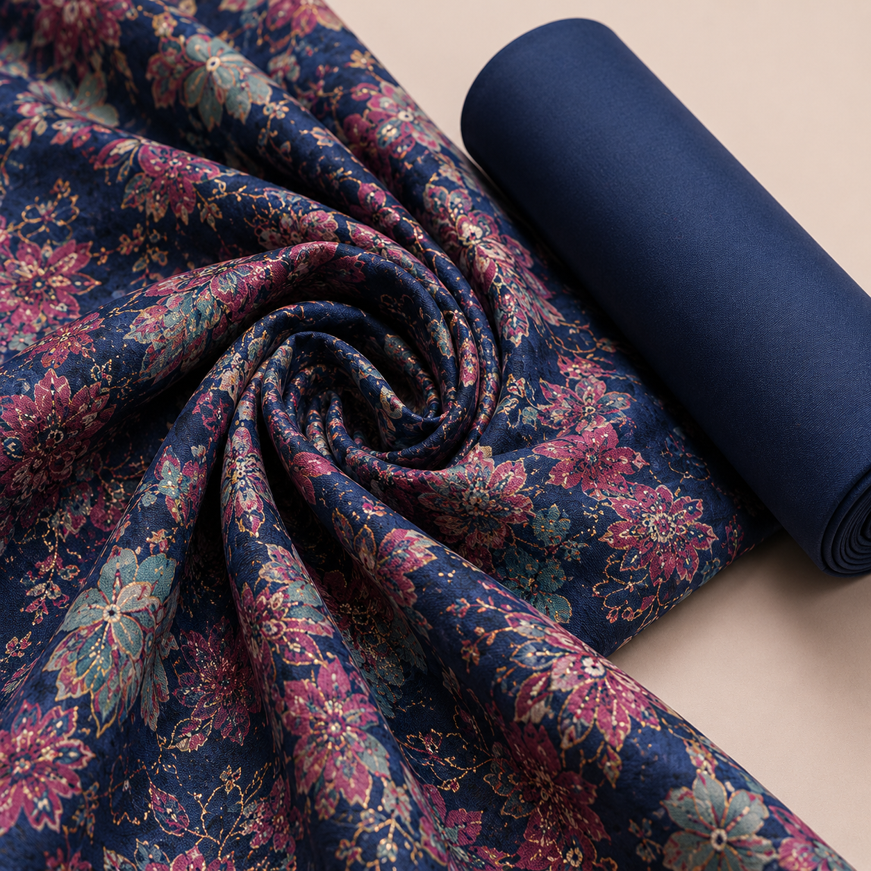 Elegant Navy Blue and Pink Floral Printed Unstitched Dress Material Suit Set