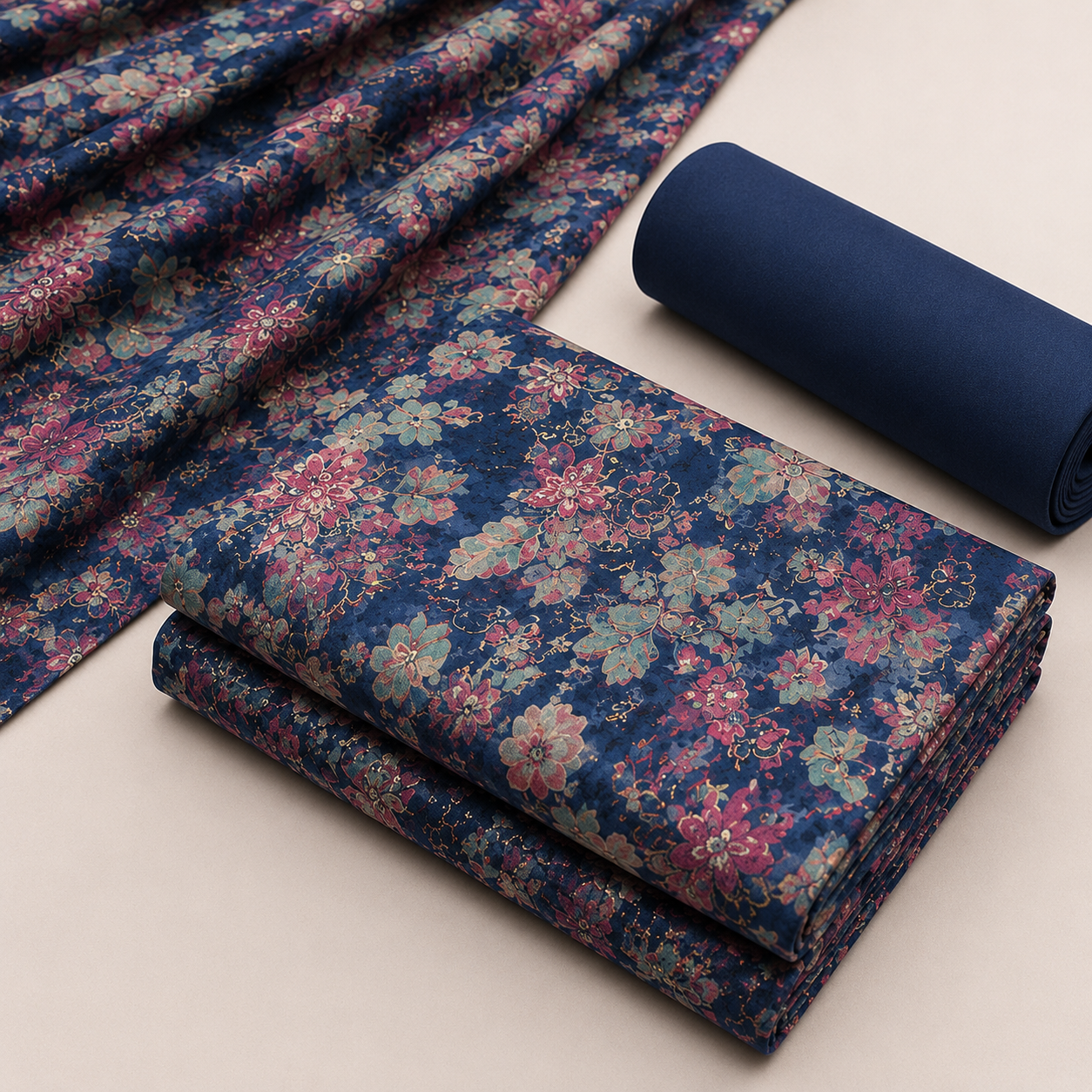 Elegant Navy Blue and Pink Floral Printed Unstitched Dress Material Suit Set