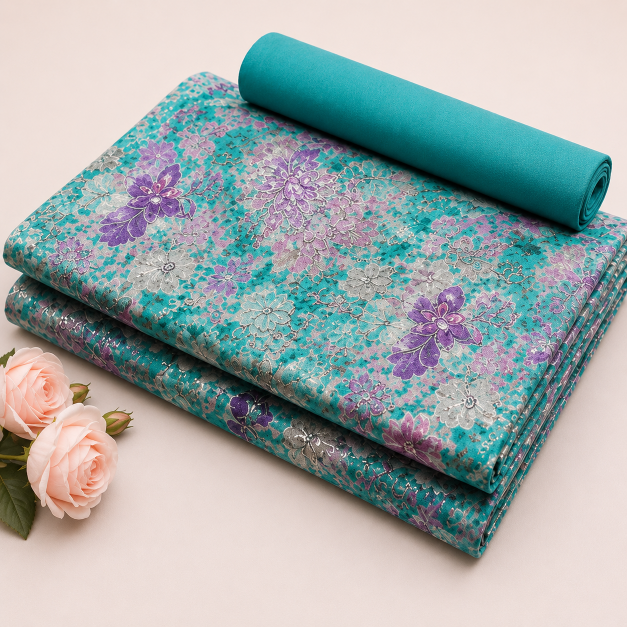 Beautiful Teal Green and Purple Floral Printed Unstitched Dress Material Suit Set