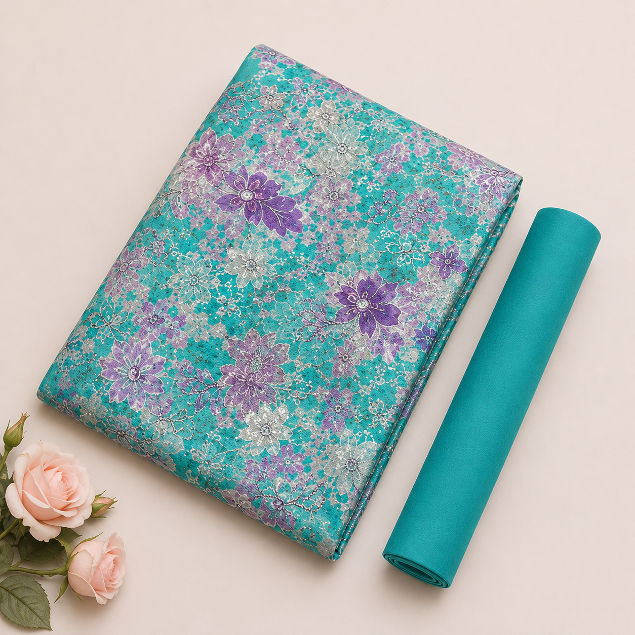 Beautiful Teal Green and Purple Floral Printed Unstitched Dress Material Suit Set