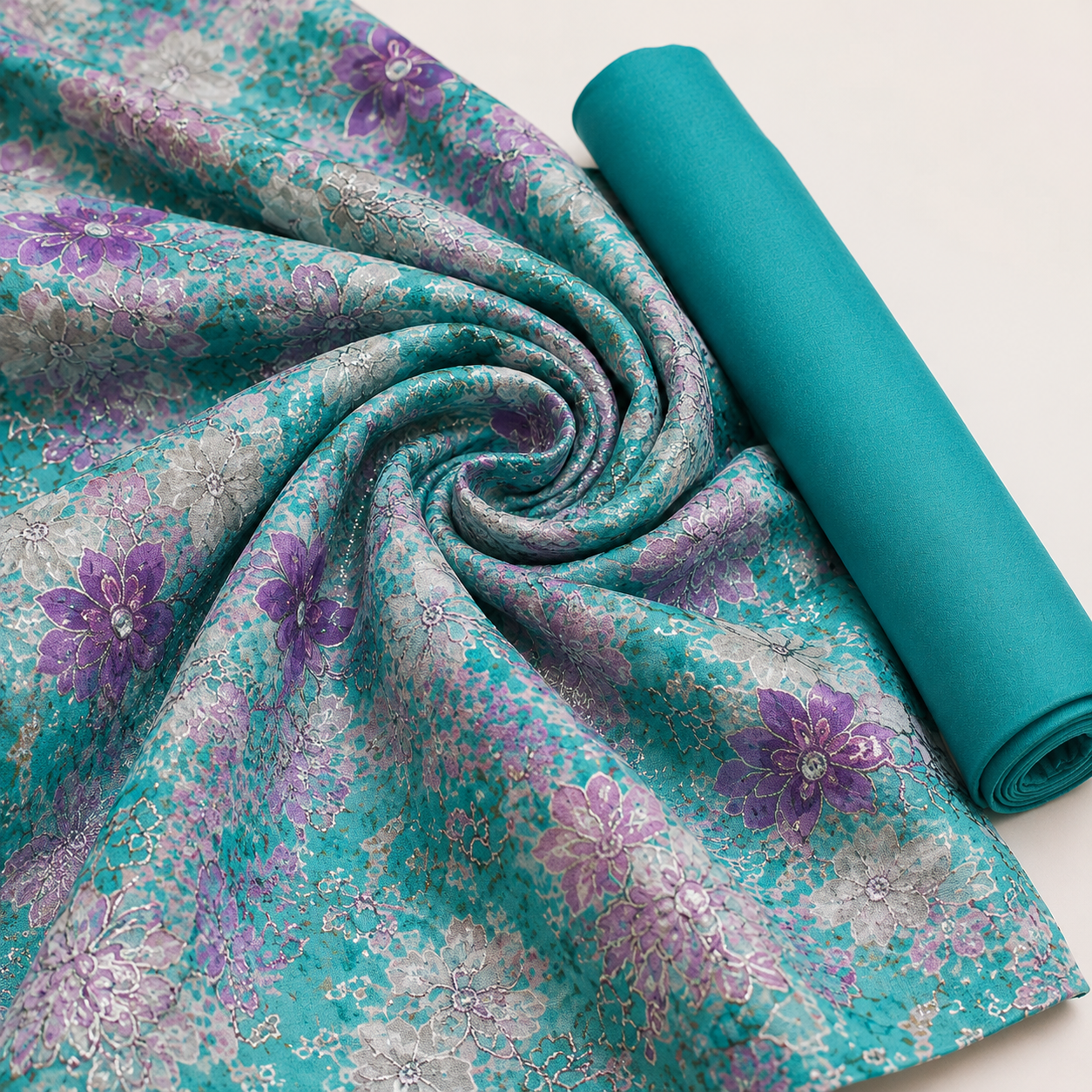 Beautiful Teal Green and Purple Floral Printed Unstitched Dress Material Suit Set