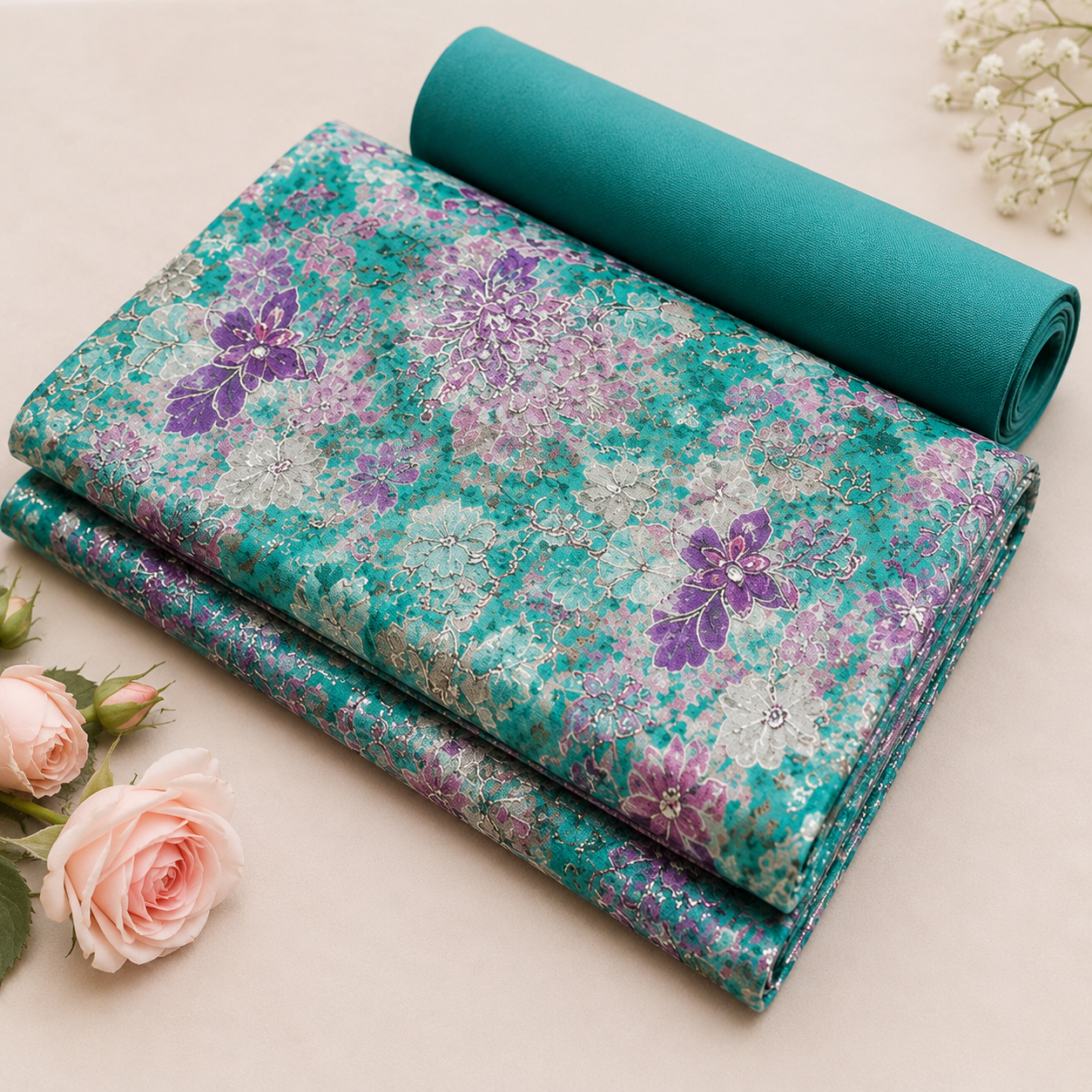 Beautiful Teal Green and Purple Floral Printed Unstitched Dress Material Suit Set