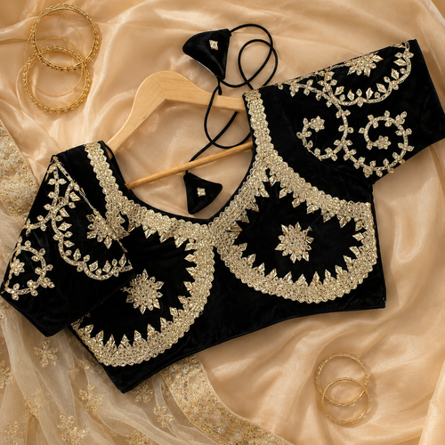 New Exclusive Gaji Silk Blouse with Designer Fox Georgette Embroidery Blouse PRD (BLACK)