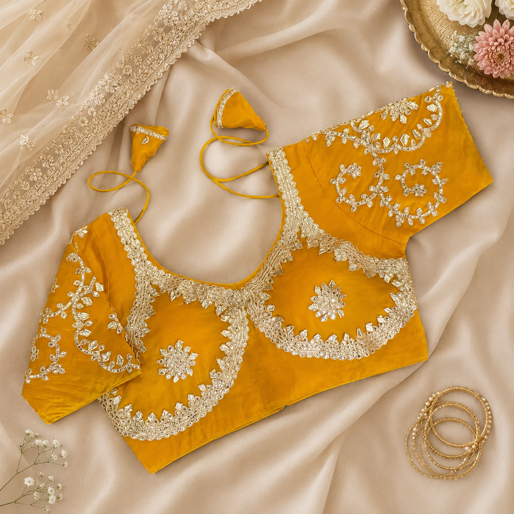 New Exclusive Gaji Silk Blouse with Designer Fox Georgette Embroidery Blouse PRD (YELLOW)
