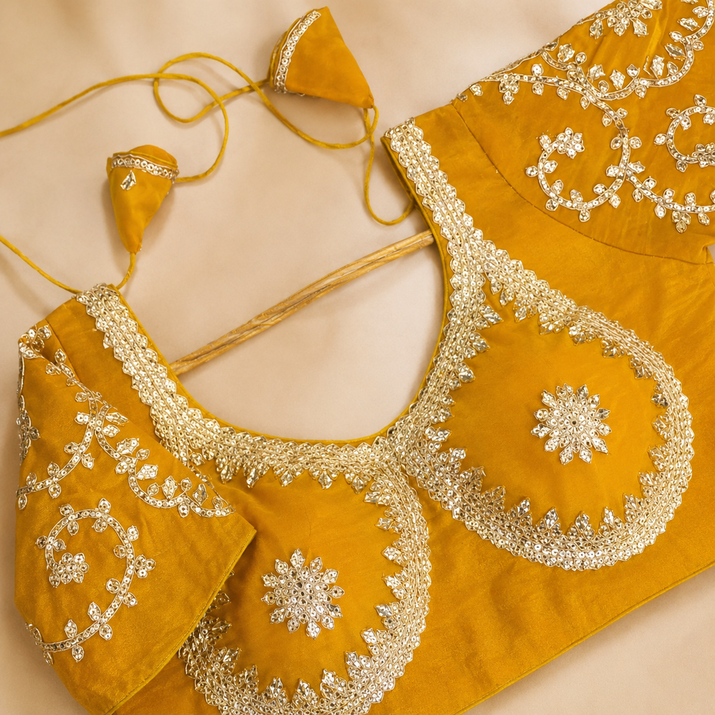 New Exclusive Gaji Silk Blouse with Designer Fox Georgette Embroidery Blouse PRD (YELLOW)