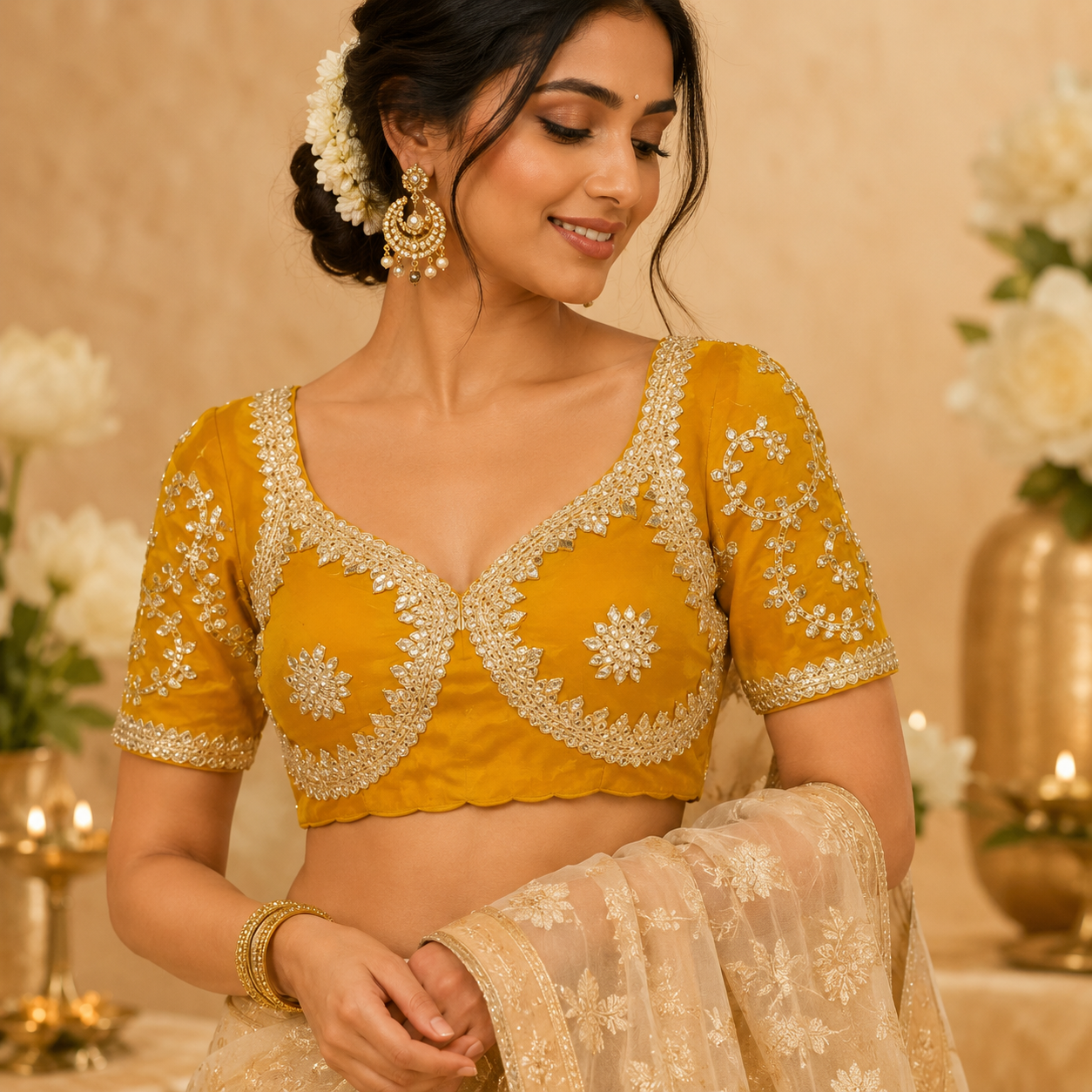New Exclusive Gaji Silk Blouse with Designer Fox Georgette Embroidery Blouse PRD (YELLOW)