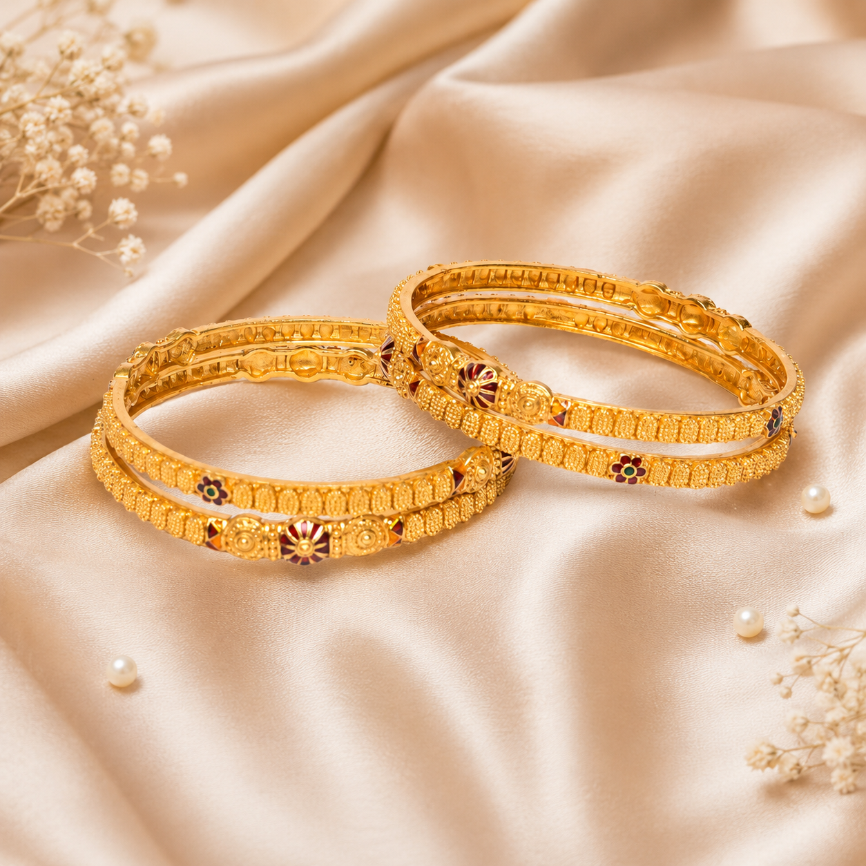 Anti Tarnish Copper Bangles Set for Women & Girls | Red Enamel Floral Traditional Indian Jewelry | Lightweight Designer Kada Bracelets (Set of 4)