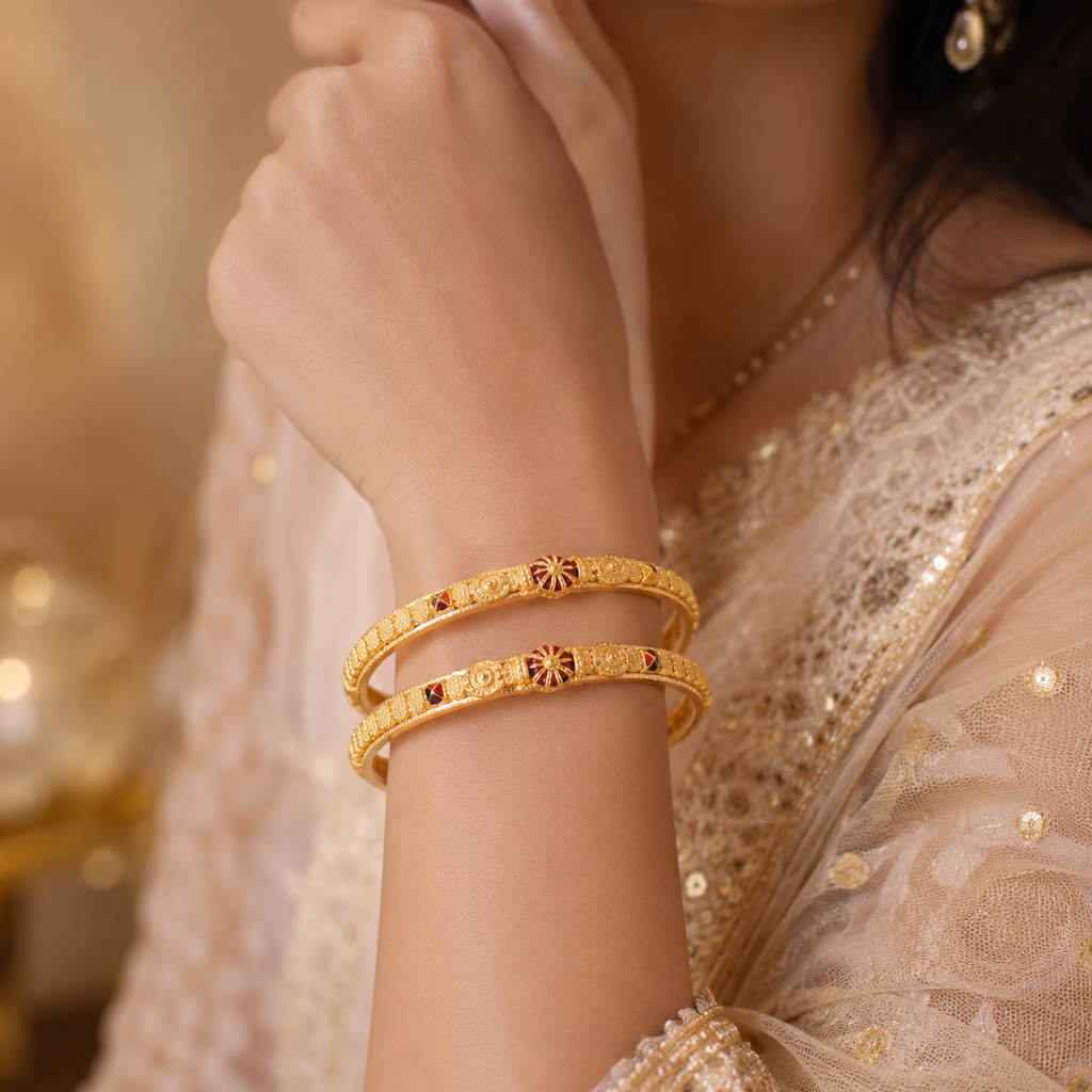 Anti Tarnish Copper Bangles Set for Women & Girls | Red Enamel Floral Traditional Indian Jewelry | Lightweight Designer Kada Bracelets (Set of 4)