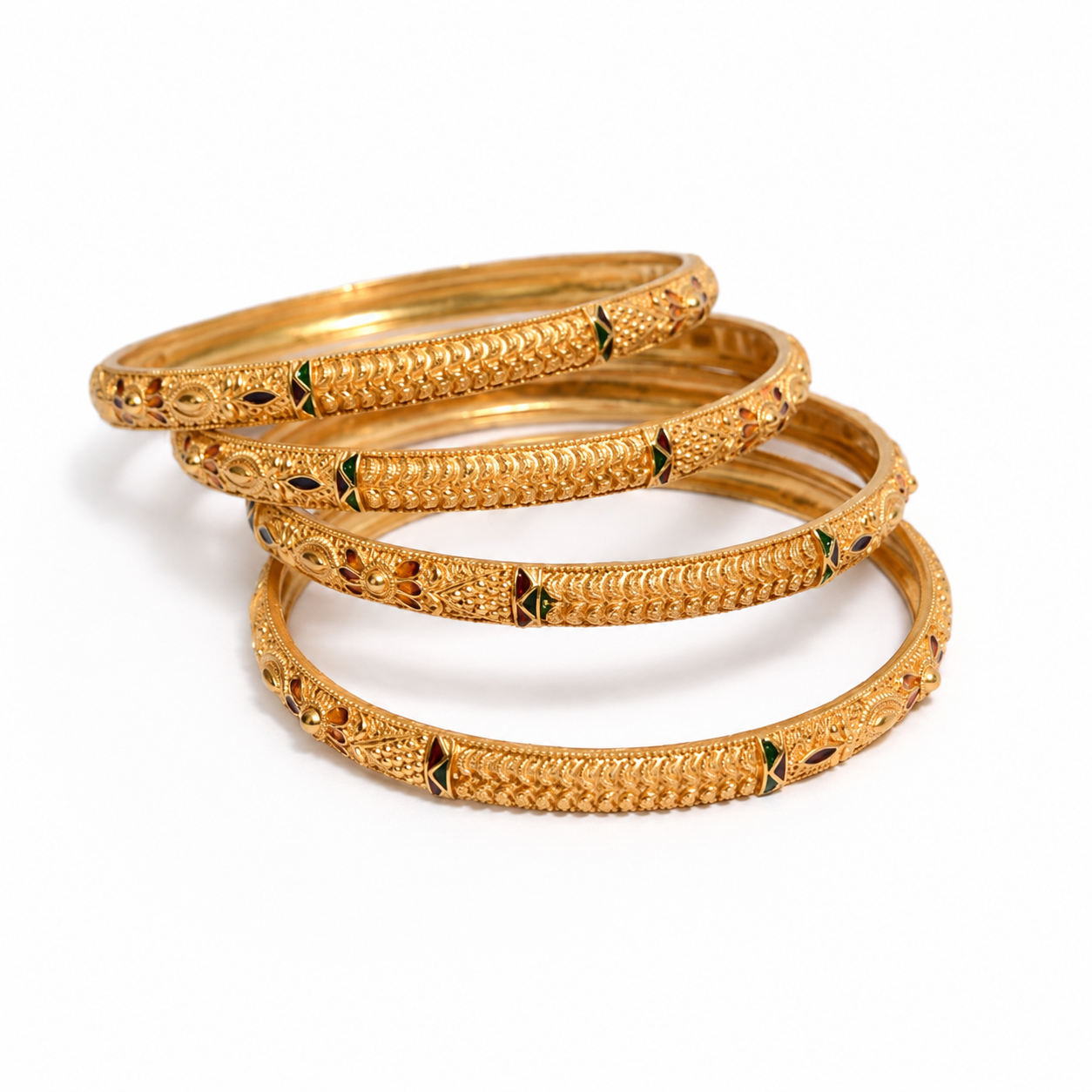 Traditional Four-Piece Intricate Gold Bangle Set with Meenakari Accents