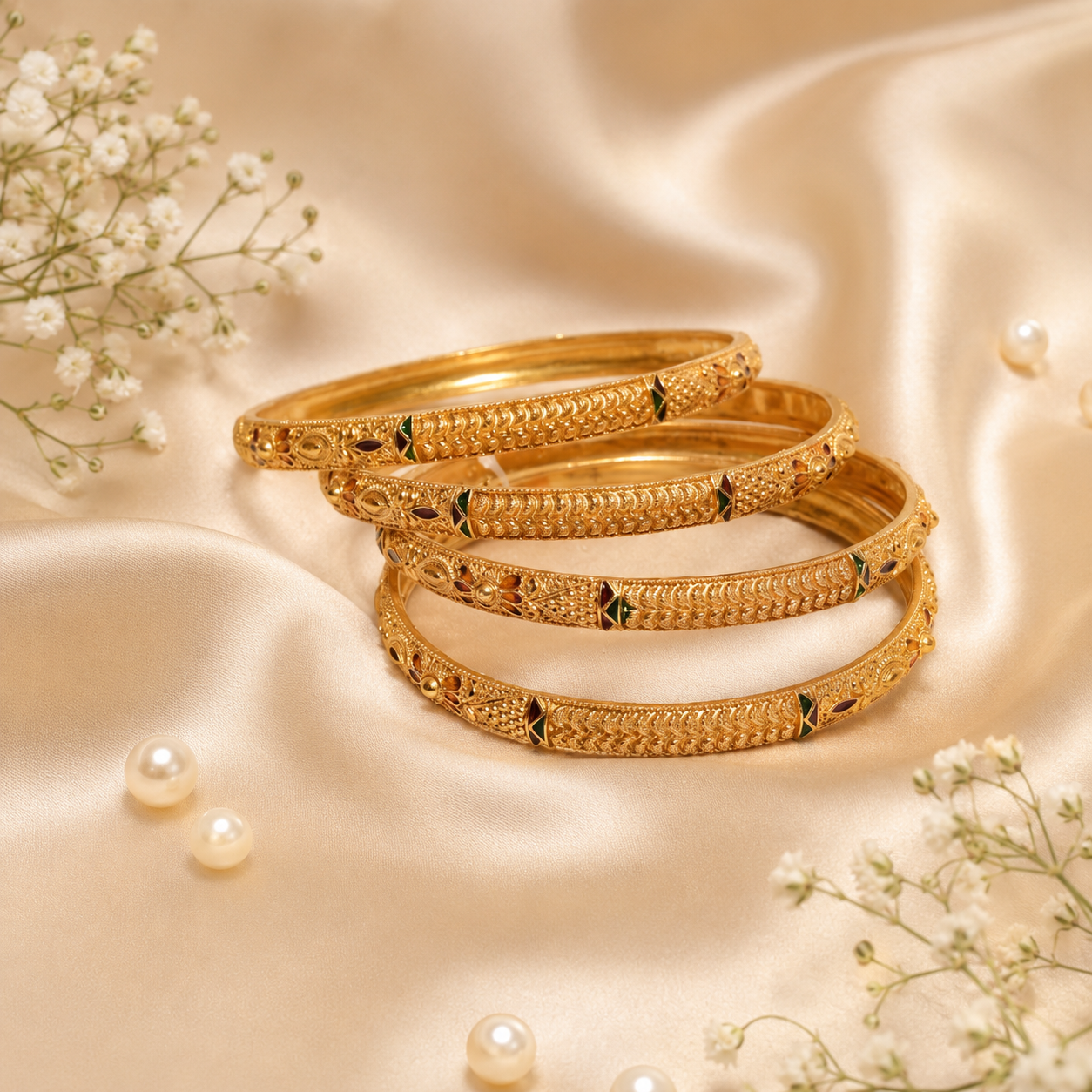 Traditional Four-Piece Intricate Gold Bangle Set with Meenakari Accents