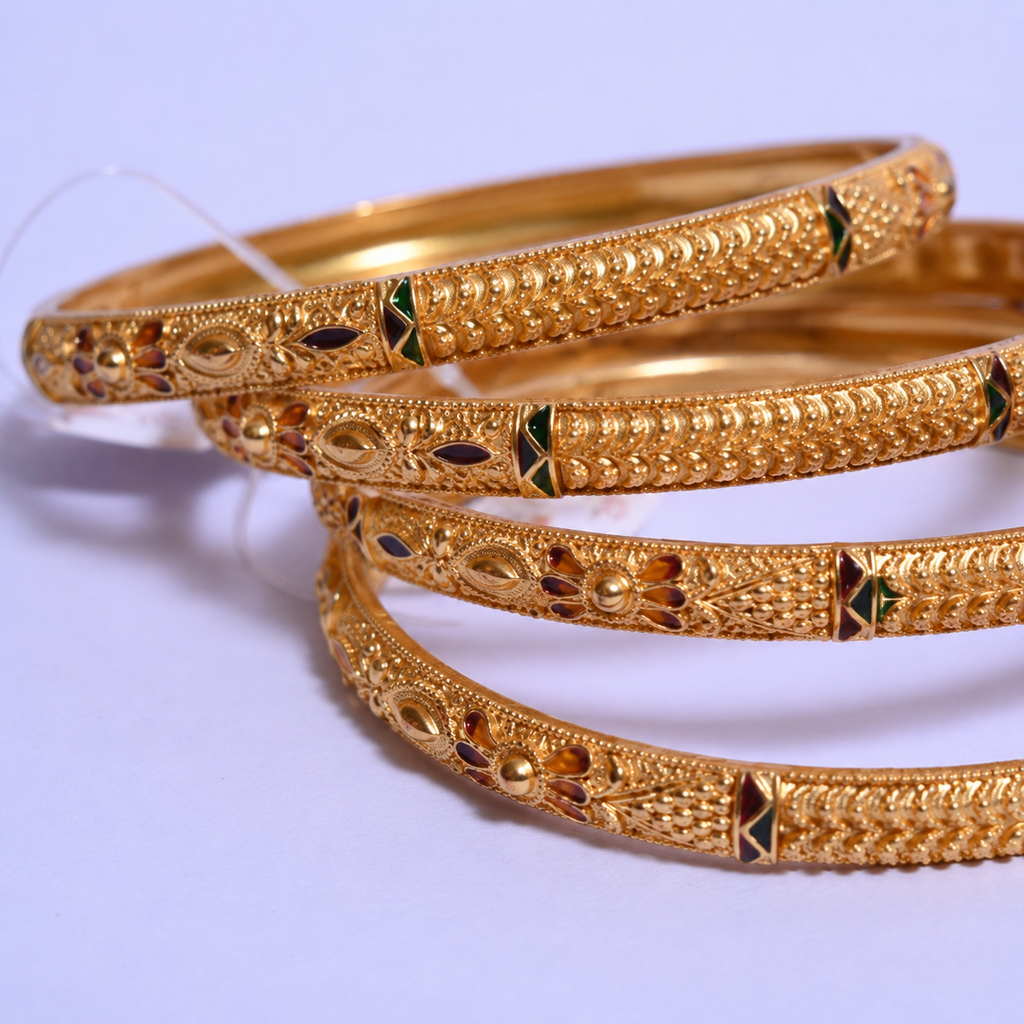 Traditional Four-Piece Intricate Gold Bangle Set with Meenakari Accents
