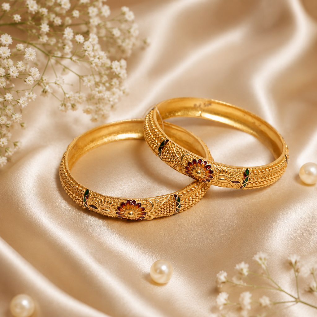 Elegant Pair of Gold-Toned Floral Meenakari Kangan Bangles