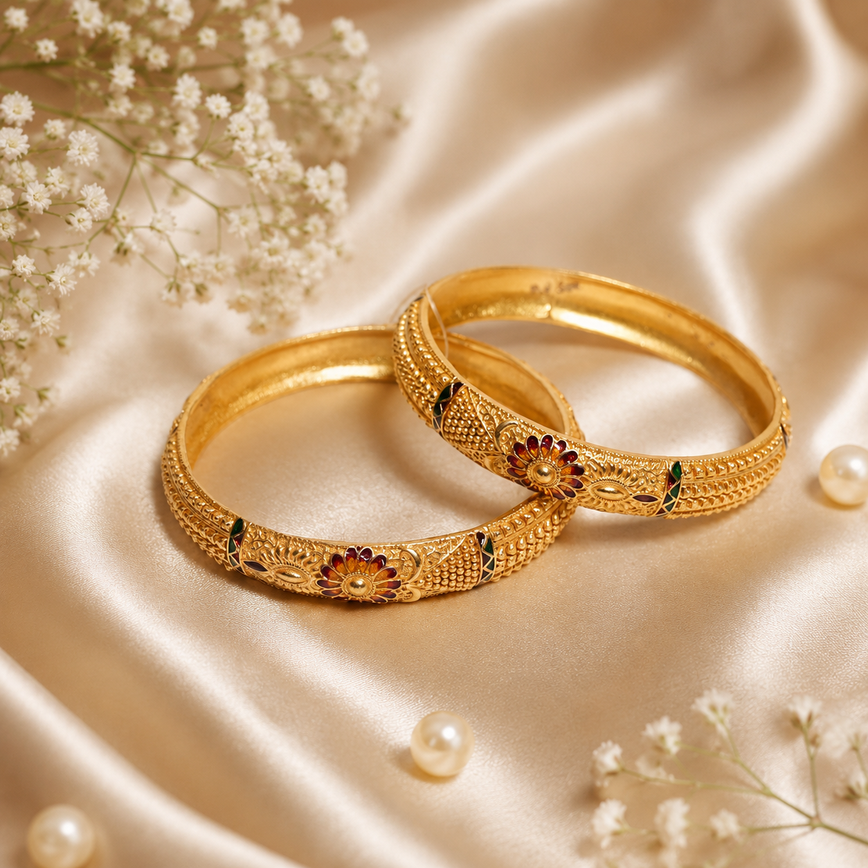 Elegant Pair of Gold-Toned Floral Meenakari Kangan Bangles