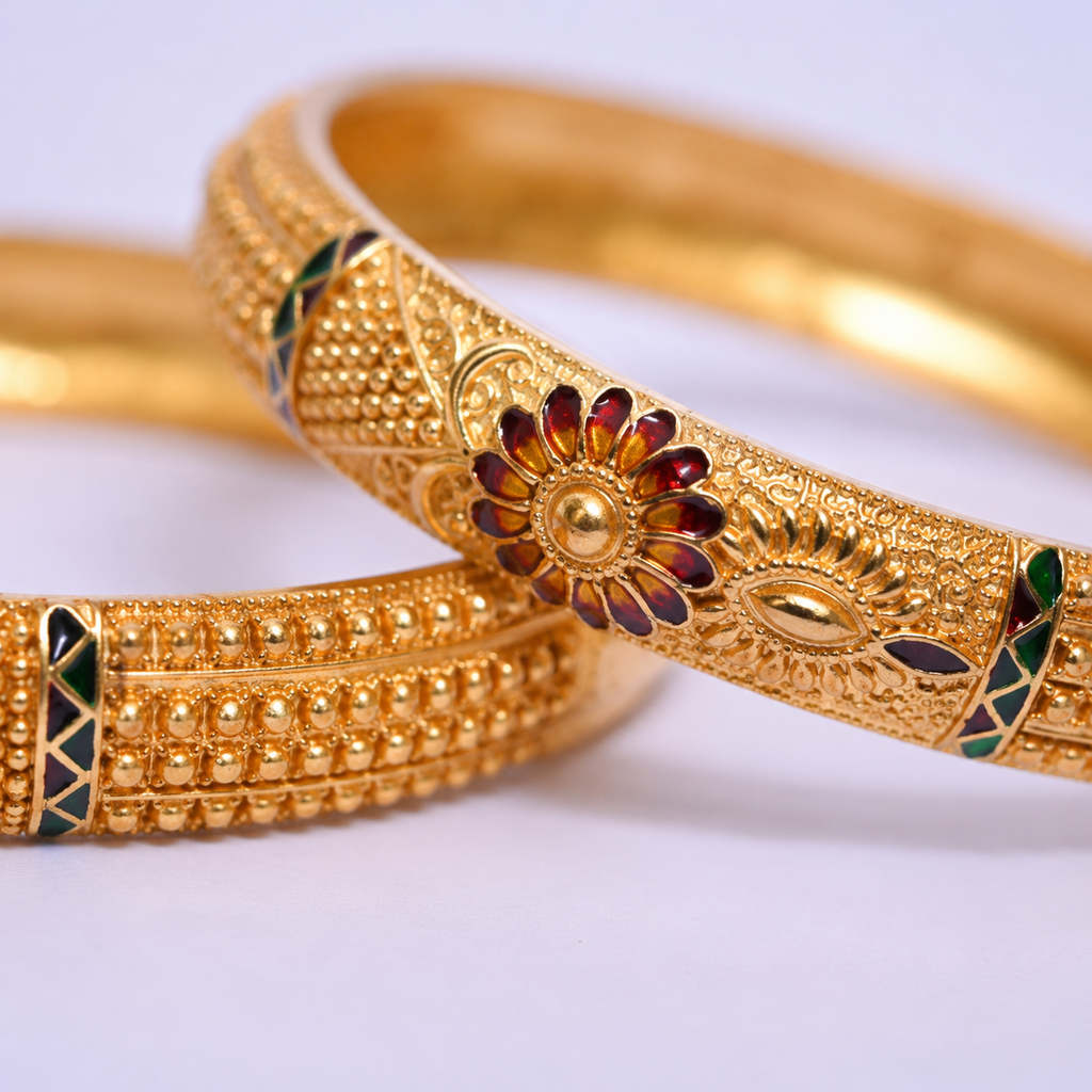 Elegant Pair of Gold-Toned Floral Meenakari Kangan Bangles