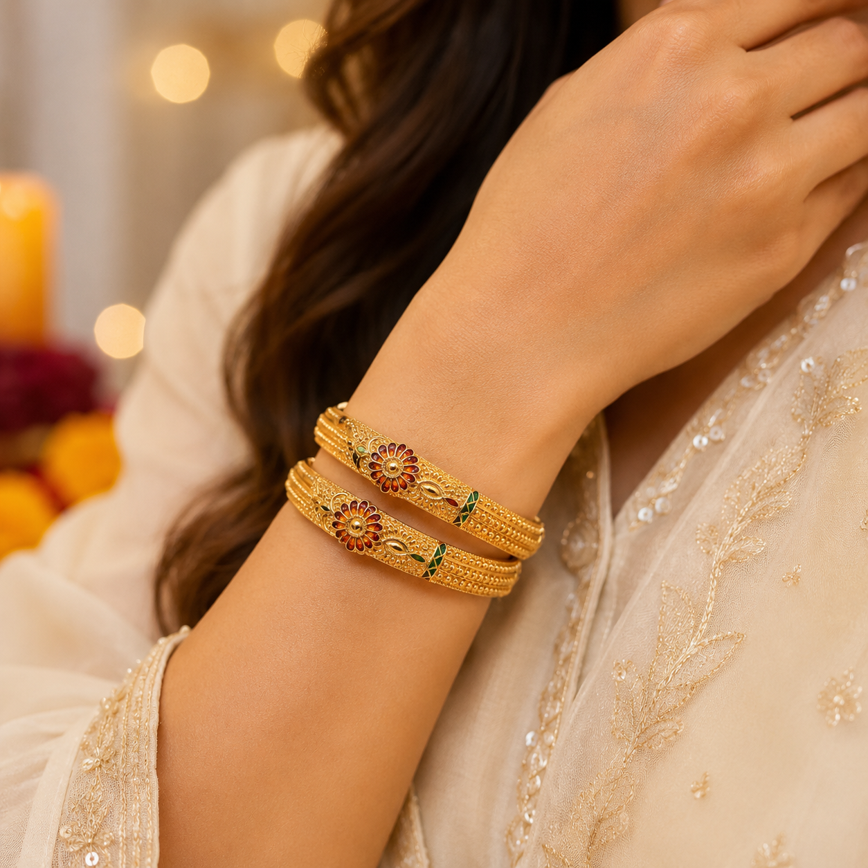 Elegant Pair of Gold-Toned Floral Meenakari Kangan Bangles