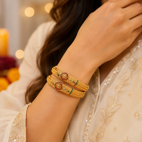 Elegant Pair of Gold-Toned Floral Meenakari Kangan Bangles
