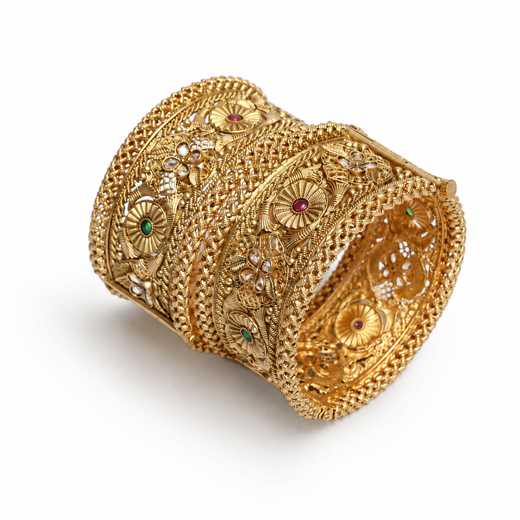 Gold-Plated Synthetic Stone-Studded Thick Single Piece Openable Kada Bangle
