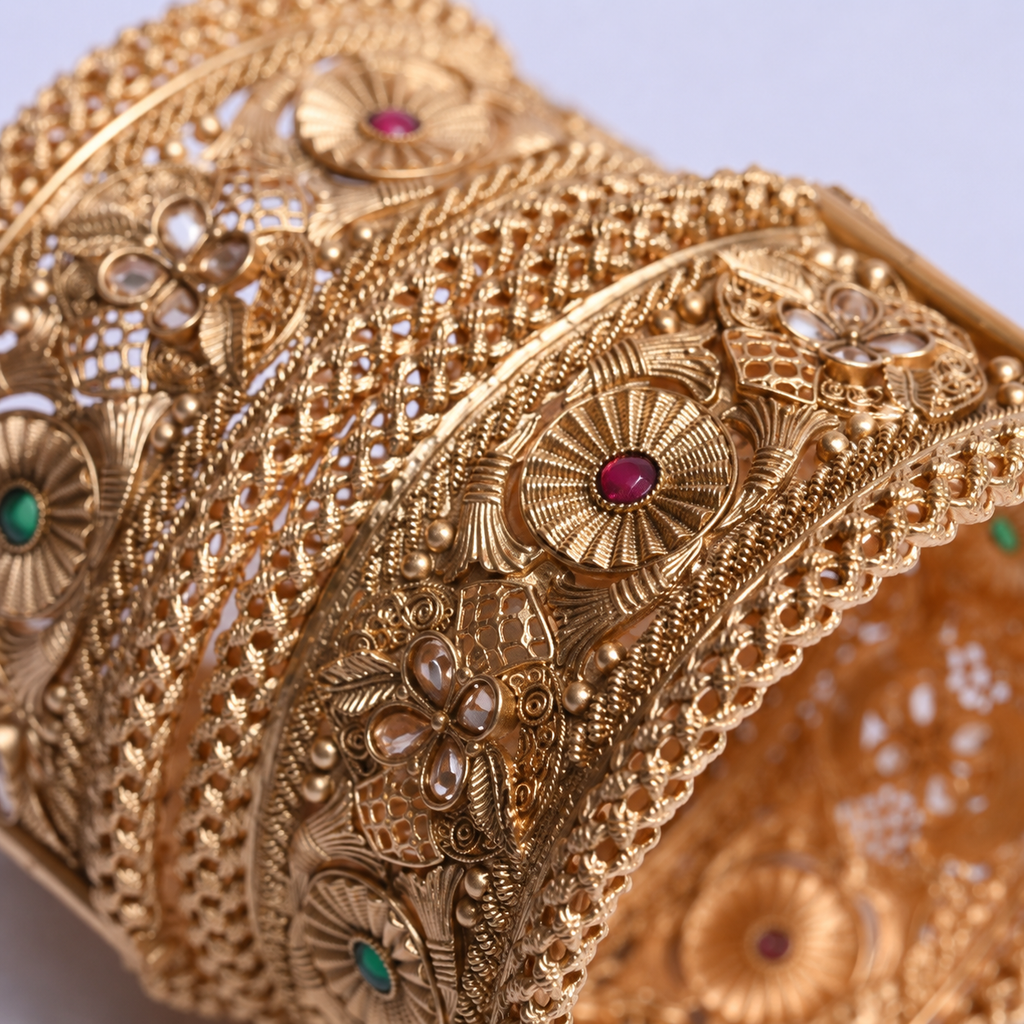 Gold-Plated Synthetic Stone-Studded Thick Single Piece Openable Kada Bangle