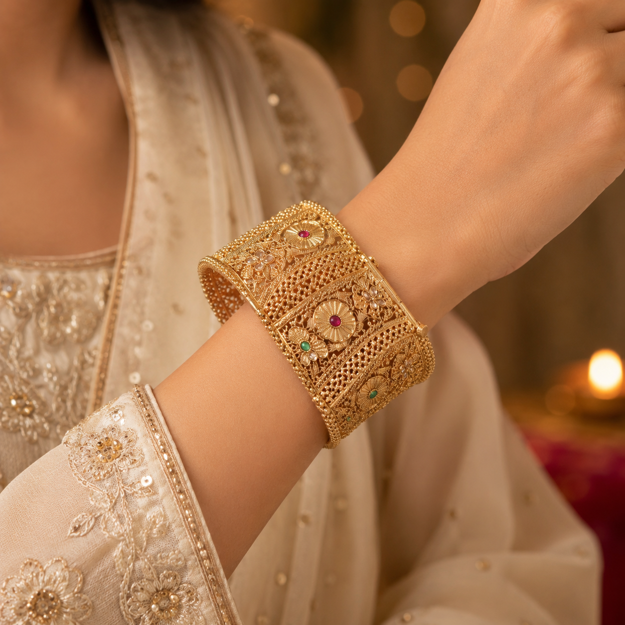 Gold-Plated Synthetic Stone-Studded Thick Single Piece Openable Kada Bangle