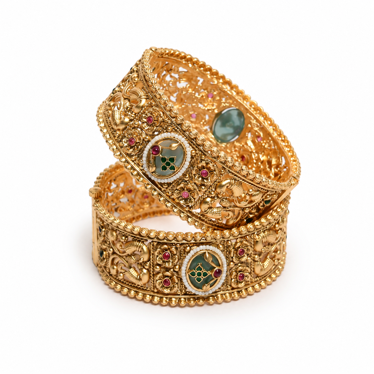 Premium Metal Kada for Women & Girls | Traditional Bridal Wear | Green & Ruby Stones | Ideal for Festival & Wedding | Set of 2 Bangles