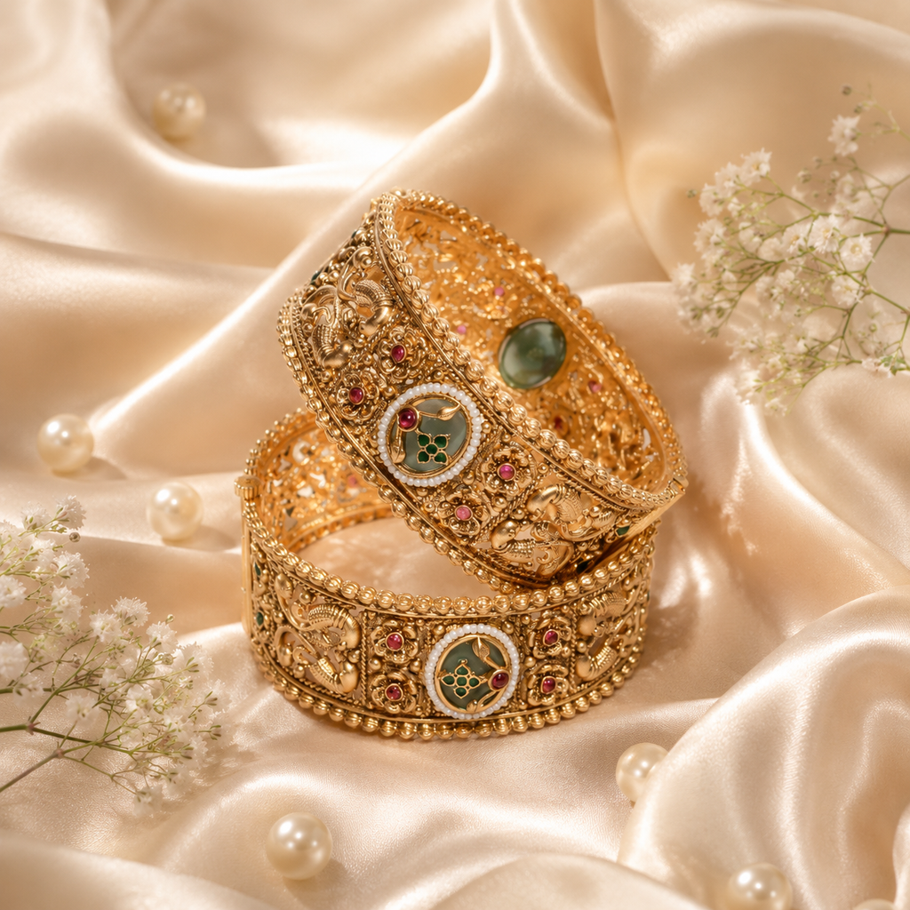 Premium Metal Kada for Women & Girls | Traditional Bridal Wear | Green & Ruby Stones | Ideal for Festival & Wedding | Set of 2 Bangles