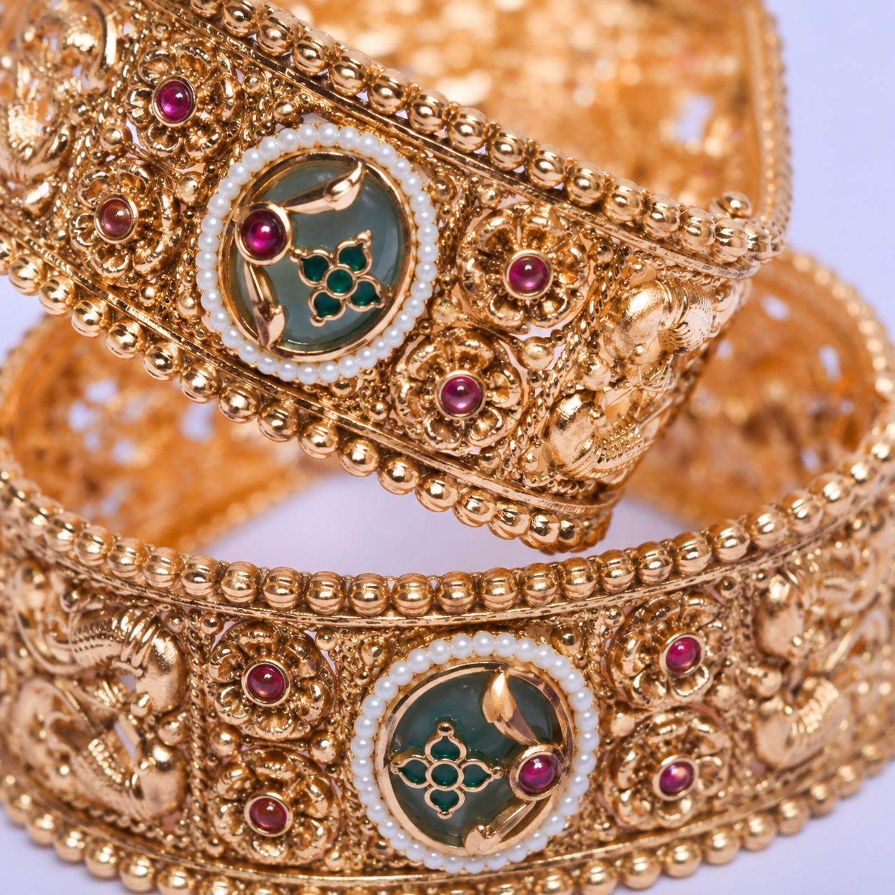 Premium Metal Kada for Women & Girls | Traditional Bridal Wear | Green & Ruby Stones | Ideal for Festival & Wedding | Set of 2 Bangles