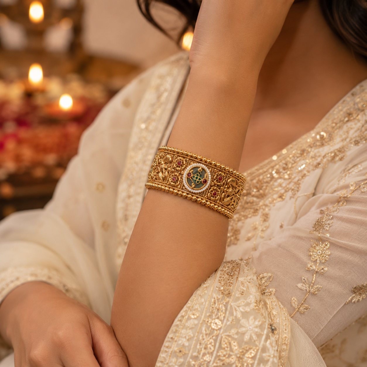 Premium Metal Kada for Women & Girls | Traditional Bridal Wear | Green & Ruby Stones | Ideal for Festival & Wedding | Set of 2 Bangles