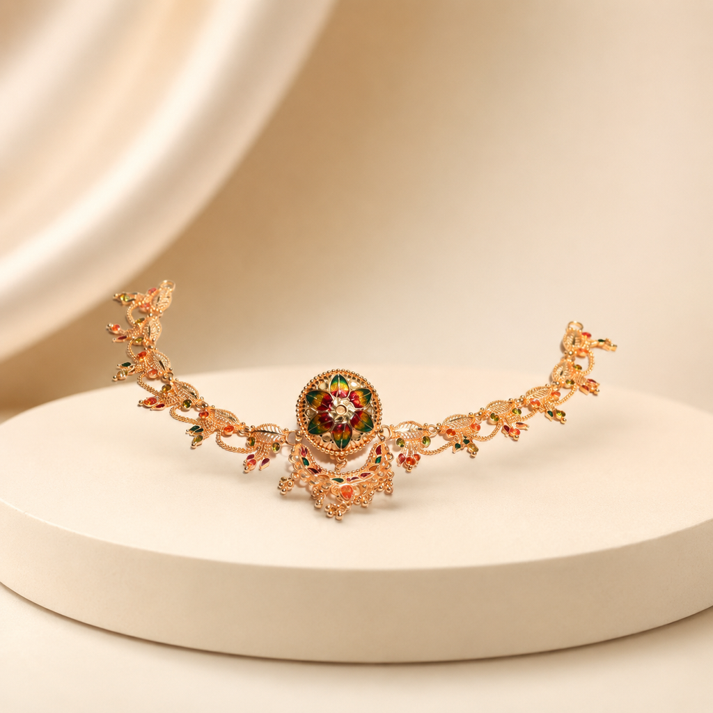 Traditional Rajasthani Gold Plated Bridal Sheeshphool with borla for women