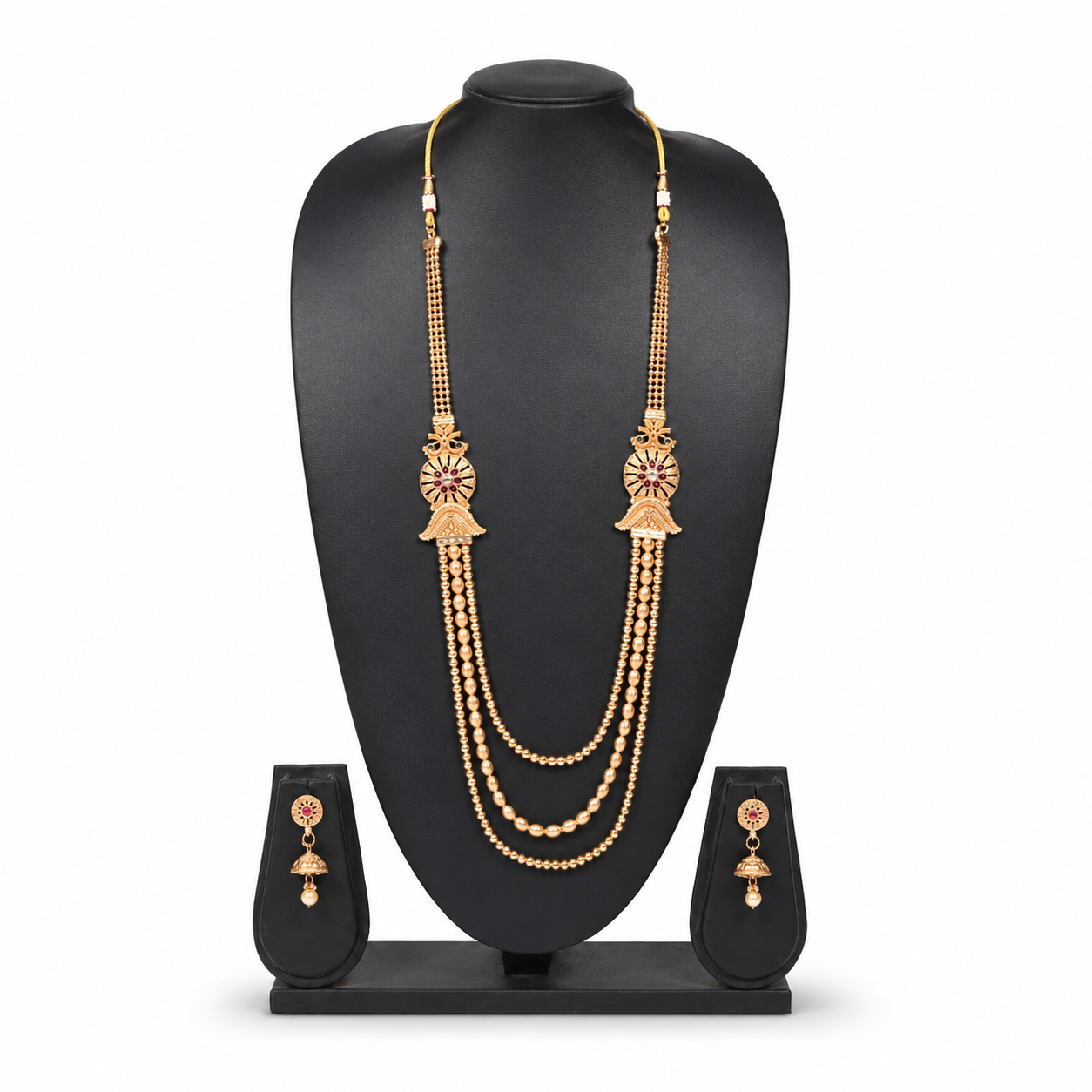 Royal Dual-Layer Gold Long Necklace Set with Earrings