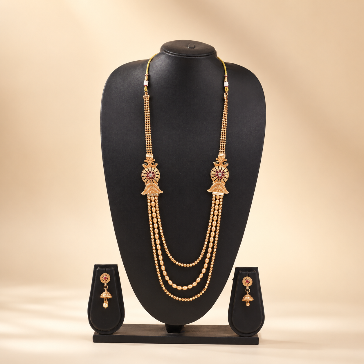 Royal Dual-Layer Gold Long Necklace Set with Earrings