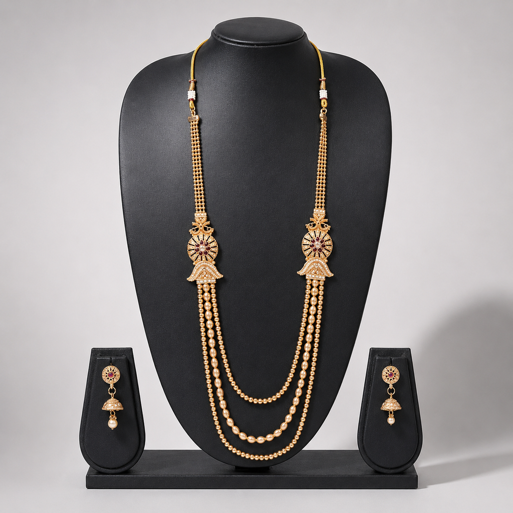 Royal Dual-Layer Gold Long Necklace Set with Earrings