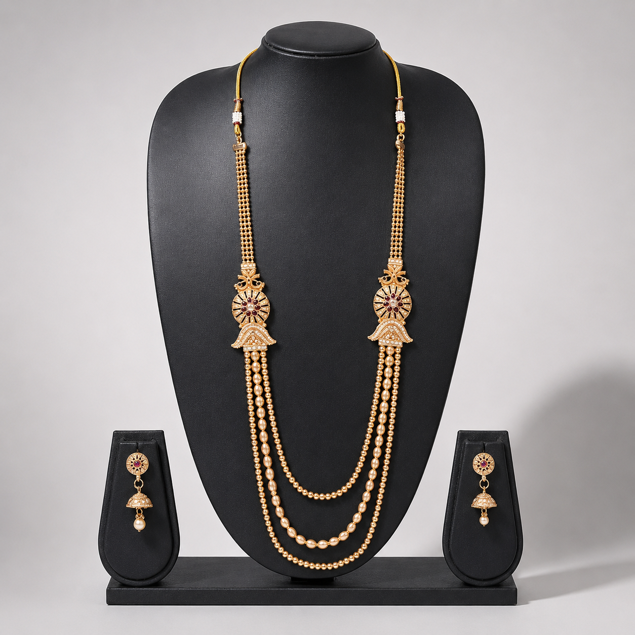 Royal Dual-Layer Gold Long Necklace Set with Earrings